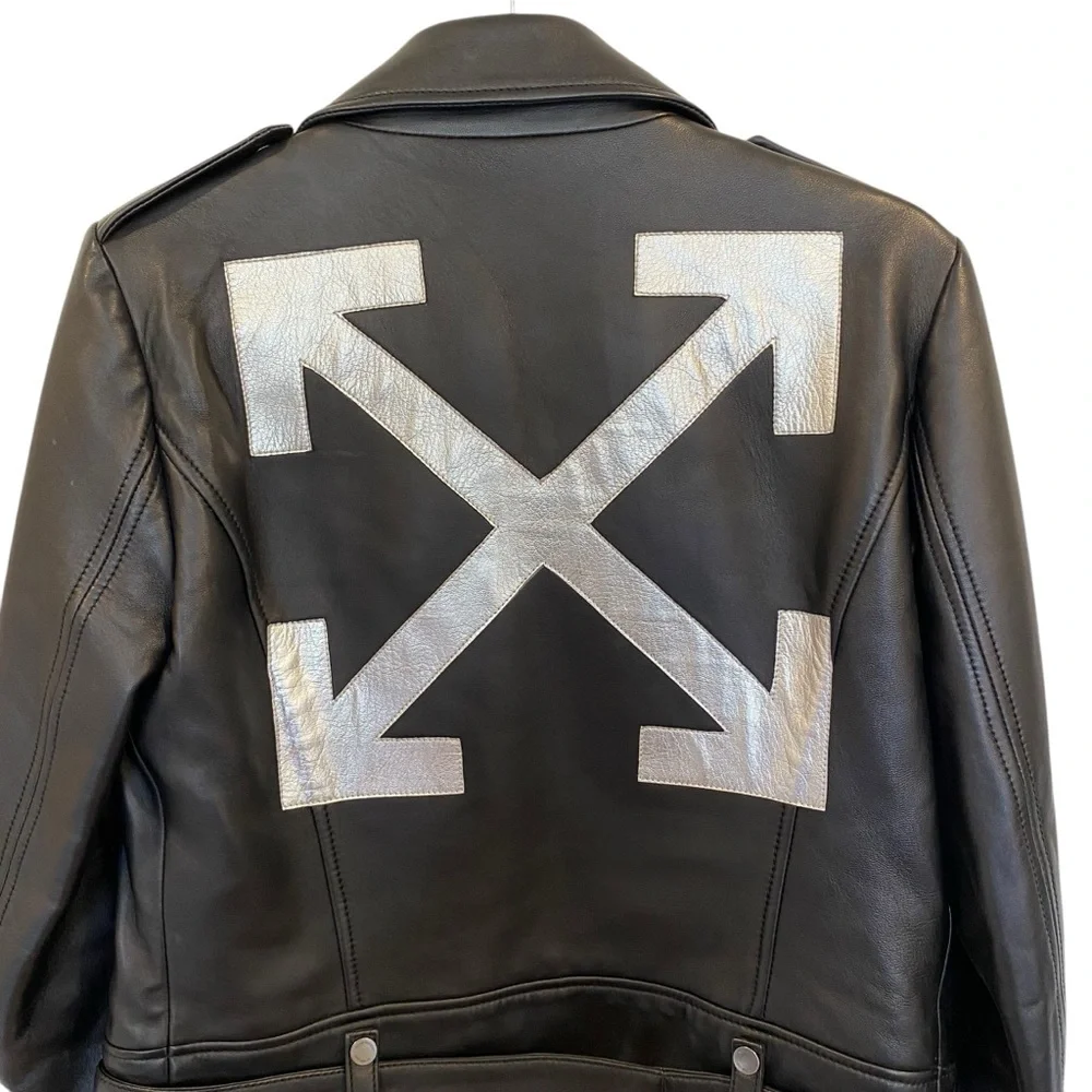 Off-White Virgil Abloh Black Leather Jacket With Metallic Silver X Size 44